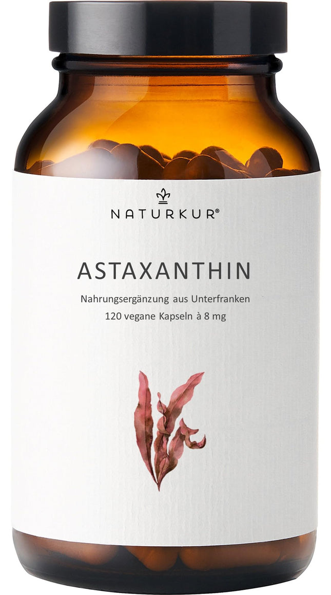 Naturkur® Astaksantīns 8 mg - 120 kapsulas farmaceita stikla burciņā - Augstākās kvalitātes izejviela no mikroaļģēm Haematococcus Pluvialis, vegāns, bez piedevām, roku darbs Lejasfranconijā