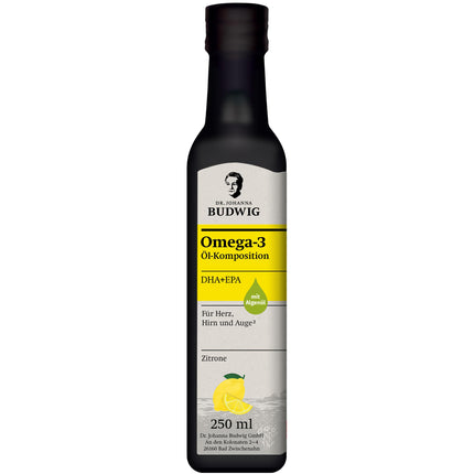 Dr. Johanna Budwig Omega 3 DHA+EPA Lemon (250ml) - linsēklu eļļa un Omega 3 aļģu eļļa - augsta deva (EPA DHA) - vegāna šķidrā aļģu eļļa, bērniem