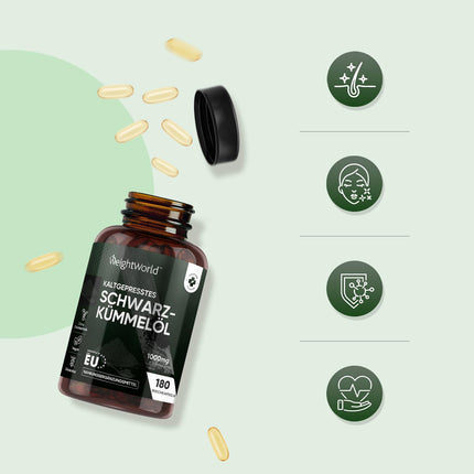 Melnās ķimenes sēklu eļļas mīkstās kapsulas - 1000 mg vienā mīkstajā kapsulā - 6 mēnešu krājumi - melnās ķimenes sēklu eļļa - auksti spiesta melnās ķimenes sēklu eļļa (Nigella Sativa) - 180 vegānas mīkstās kapsulas - WeightWorld
