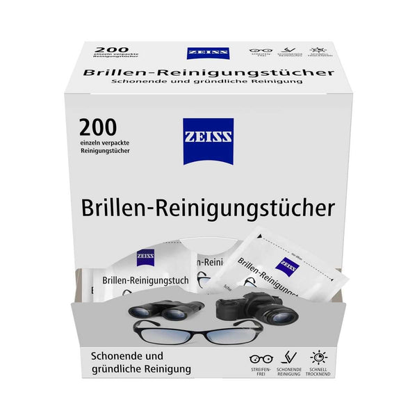 ZEISS briļļu tīrīšanas salvetes ar spirtu (200 salvetes) saudzīgai un rūpīgai lēcu tīrīšanai – katra salvete atsevišķi iesaiņota – ideāli piemērotas lietošanai ceļā vai ceļojumā