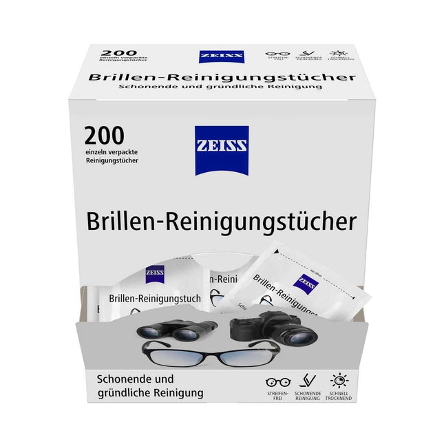 ZEISS briļļu tīrīšanas salvetes ar spirtu (200 salvetes) saudzīgai un rūpīgai lēcu tīrīšanai – katra salvete atsevišķi iesaiņota – ideāli piemērotas lietošanai ceļā vai ceļojumā
