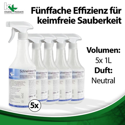 KK ātrās dezinfekcijas līdzeklis praktiskā smidzināšanas pudelē, 5 x 1 l, virsmu dezinfekcijas līdzeklis, smarža: neitrāla, aerosols tādu virsmu kā darba virsmu, durvju rokturu, rotaļlietu dezinfekcijai