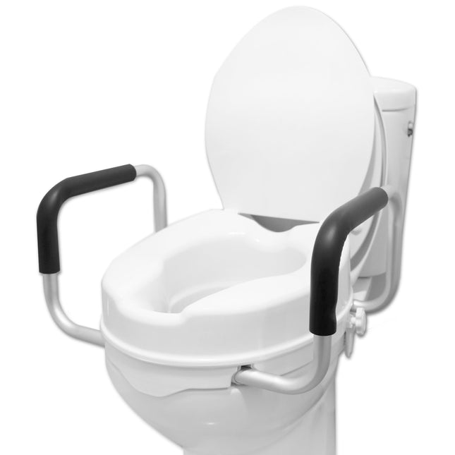 PEPE Mobility - paaugstināts tualetes sēdeklis ar roku balstiem 10 cm, tualetes sēdekļa pacēlājs ar vāku, tualetes sēdekļa stiprinājums pieaugušajiem, balts