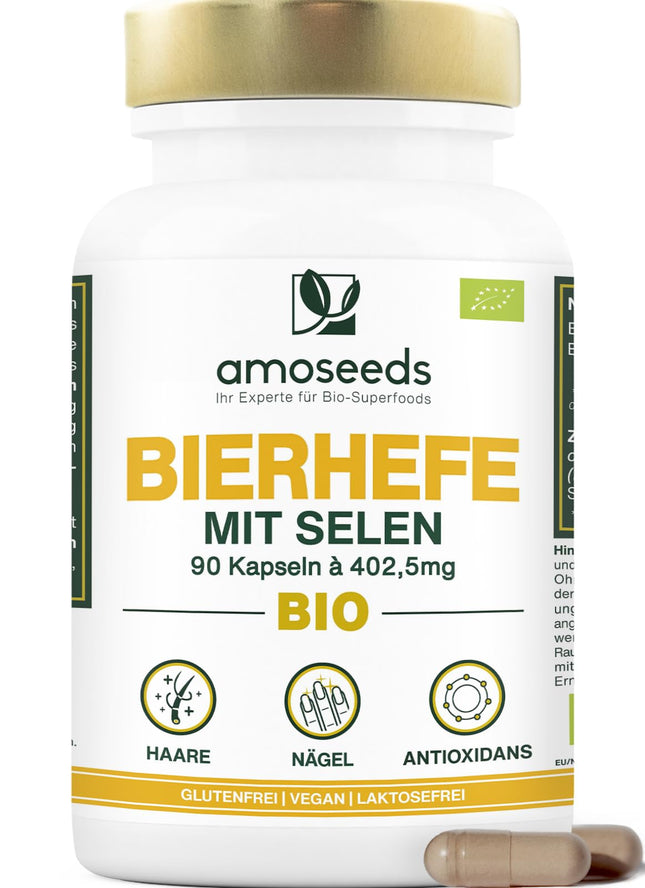 BIOLOĢISKAIS alus raugs | Mati un nagi | Dzīvais raugs, 1200 mg/dienā, bez glutēna | Bagātināts ar selēnu | 90 vegānas kapsulas | Augstākā kvalitāte