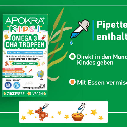 Omega 3 vegāns – bez zivju garšas – vegāna Omega 3 eļļa zīdaiņiem, maziem bērniem un bērniem – ilgtspējīga aļģu eļļa, alternatīva zivju eļļai – 50 ml | APOKRA Kids Vegan Omega 3 aļģu eļļa