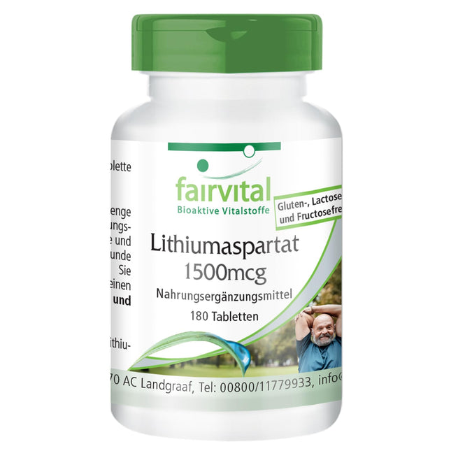 Fairvital | Litija aspartāts 1500 μg - 180 tabletes - Organiski saistīts litijs - Augsta biopieejamība - Kvalitātes pārbaude un liela deva - 100% vegāns - Ražots Vācijā