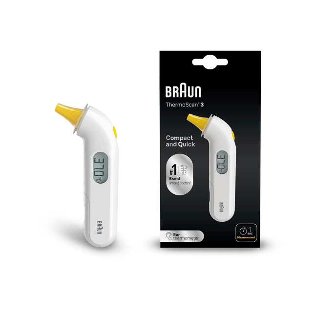Braun ThermoScan 3 ausu termometrs | Ātrs 1 sekundes mērījums | Akustiskais drudža indikators | Digitālais displejs | Piemērots mazuļiem un maziem bērniem | Ārstu vidū Nr. 1 zīmols(1) | IRT3030