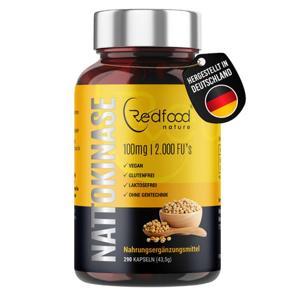 Redfood® Nattokināzes kapsulas ar augstu devu 290 kapsulas pa 100 mg katra (20 000 FU/g) - 9 mēnešu krājumi - laboratoriski pārbaudīts un vegāns - natto no fermentēta sojas pupiņu ekstrakta - bez nevēlamām piedevām