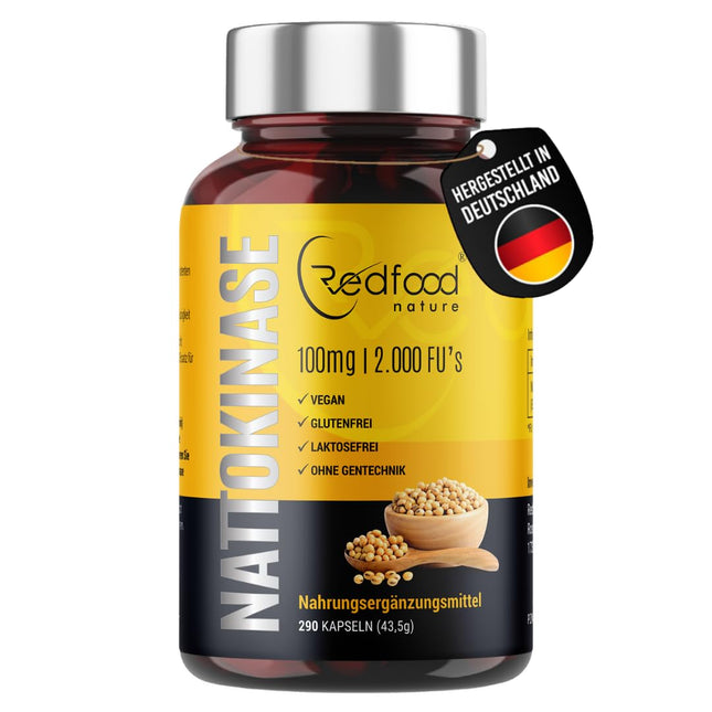 Redfood® Nattokināzes kapsulas ar augstu devu 290 kapsulas pa 100 mg katra (20 000 FU/g) - 9 mēnešu krājumi - laboratoriski pārbaudīts un vegāns - natto no fermentēta sojas pupiņu ekstrakta - bez nevēlamām piedevām