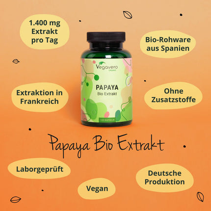 Organiskās papaijas kapsulas Vegavero® | Augsta deva: 1400 mg ekstrakta | 120 gabali | 100% bioloģisks | Vegāns un bez piedevām | Laboratorijā pārbaudīts