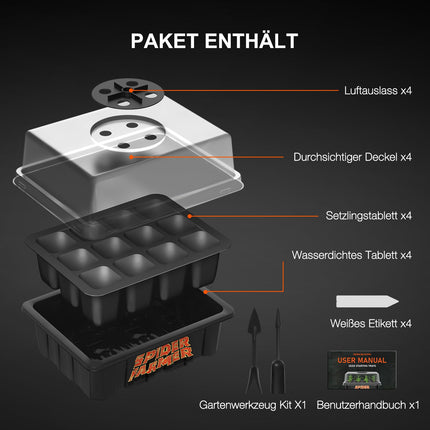 Spider Farmer iekštelpu siltumnīcas pavairotājs, 4 iepakojums ar 12 šūnu mini siltumnīcas pavairošanas komplektu, siltumnīcas pavairošanas podi ar ventilējamiem vākiem sēklu dīgšanai un augu augšanai
