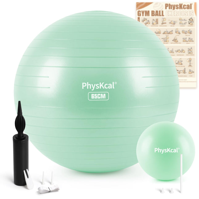 PhysKcal 65 cm gaiši tirkīza biezas vingrošanas bumbas un 23 cm Pilates bumbas komplekts, vingrošanas bumba ar pretplīsumu, neslīdoša sēdekļa bumba, līdzsvara bumba, jogas bumba mājām, sporta zālei un birojam