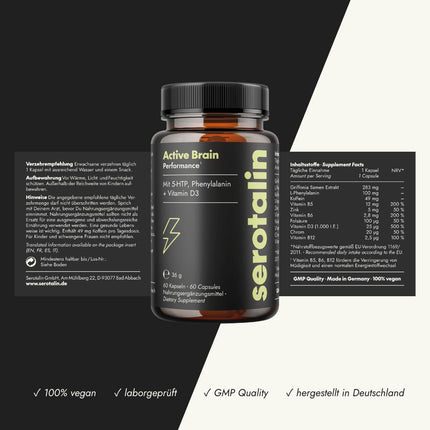 serotalin ORIGINAL HAPPY ENERGY kapsulas | +Griffonia +D3 vitamīns lielā devā +B12 +B6 +Fenilalanīns +Cinks +Hroms +Kofeīns | 100% vegānisks un ražots Vācijā | 2 mēneši