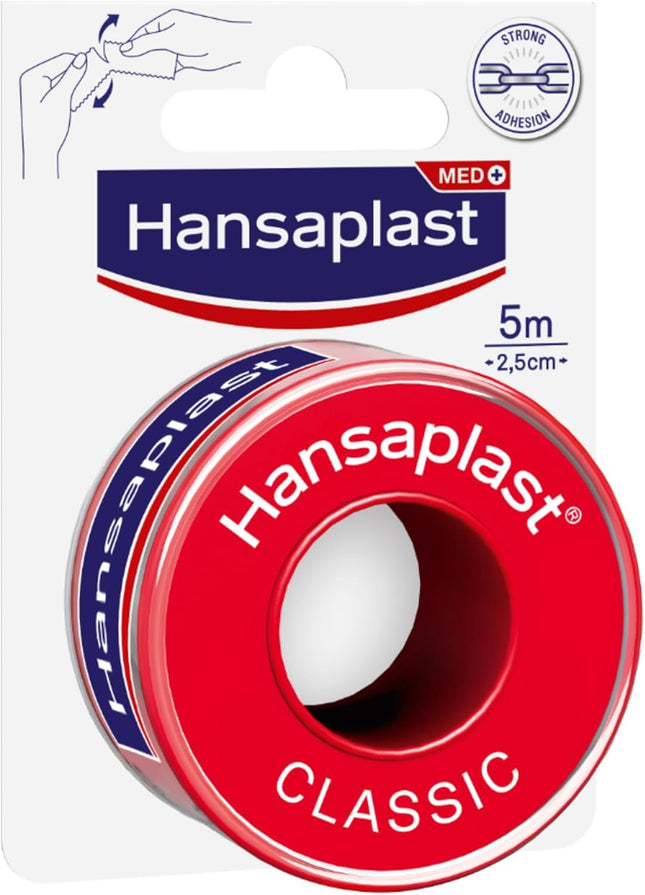 Hansaplast fiksācijas plāksteris Classic (5 m x 2,5 cm), lente brūču pārsēju vienkāršai un drošai fiksācijai, pašlīmējošs plāksteris rullis ar spēcīgu līmes spēku.