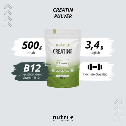 Nutri + Creapure 500g - kreatīna monohidrāta pulveris - 100% tīrs - īpaši smalks kreatīna neitrāls, augsta deva - vegāns kreatīna pulveris no Vācijas