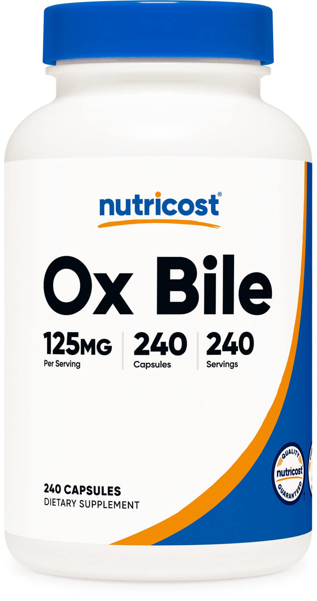 Nutricost Ox Bile kapsulas 125 mg, 240 Premium kapsulas – bez ĢMO, sojas, glutēna
