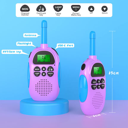 Ushining rācija bērniem, uzlādējama rācija ar 16 kanālu VOX radio, LCD lukturītis ar fona apgaismojumu, 3 km diapazons piedzīvojumiem brīvā dabā, kempingam, pārgājieniem, violeta