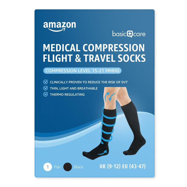 Amazon Basic Care medicīniskās kompresijas zeķes lidojumiem un ceļojumiem, 39.–43. izmērs, melnas