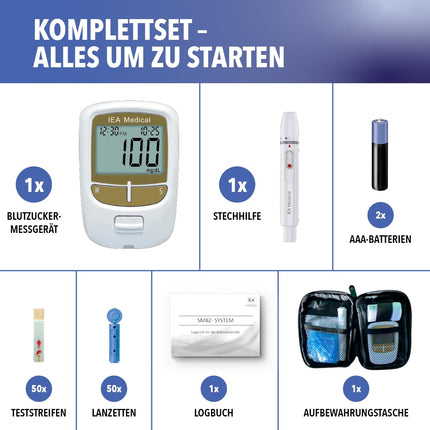 IEA medicīniskais asins glikozes mērītājs | Asins glikozes mērītāja komplekts ar testa strēmelītēm | Glikozes mērītājs | Diabēta tests | 50 testa strēmeles un 50 lancetes