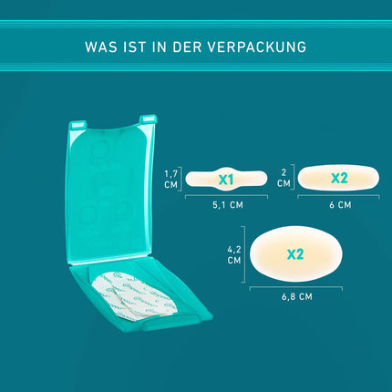 Compeed tulznu plāksteru maisījuma iepakojums – dažādu izmēru hidrokoloīdie plāksteri – tulznām uz papēžiem, kāju pirkstiem un mazām tulznām, 5 plāksteri