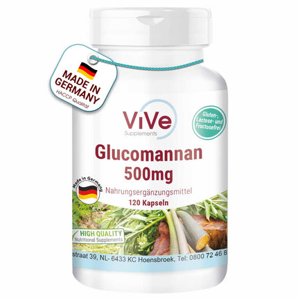 Glikomanāns 500 mg - 120 vegānas kapsulas no konjaka saknes ekstrakta - dabīgs pildvielas palielinātājs, šķiedrvielas | Kvalitāte no Vācijas, ko nodrošina ViVe Supplements