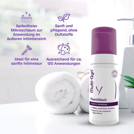 Multi-Gyn FemiWash ikdienas intīmajai kopšanai sievietēm veselīgas intīmās zonas uzturēšanai – Intīmās zonas mazgāšanas losjons sievietēm – Bezziepju mikroputu intīmās zonas mazgāšanas losjons sievietēm – apm. 100 lietošanas reizes - 100 ml