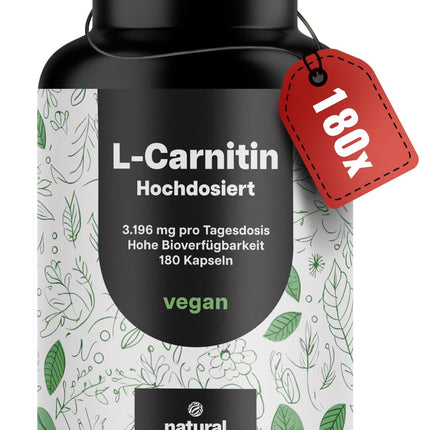 L-karnitīna kapsulas ar augstu devu 3196 mg - 180 kapsulas - L-karnitīna tartrāta, acetil-L-karnitīna komplekss - vegāns no Vācijas, laboratoriski pārbaudīts