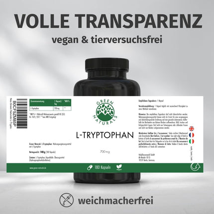 L-triptofāns — augsta deva: 700 mg kapsulā — 6 mēnešu krājumi (180 kapsulas) — vegāns un bez piedevām — aptiekas kvalitāte — Green Naturals®