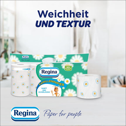 Regina kumelīšu papīrs, trīsslāņu tualetes papīrs – 16 ruļļu iepakojums, 150 loksnes rullī, mīksts un saudzīgs ar kumelīšu aromātu un FSC sertificēts papīrs