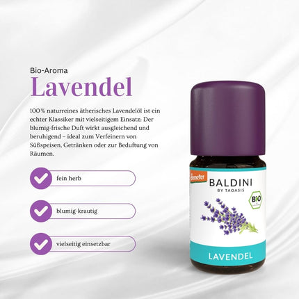 Baldini organiskā lavandas eļļa 5 ml - 100% tīra ēteriskā eļļa - pārtikas kvalitātes - vegāna - pārtikai, dzērieniem un aromterapijas difuzoriem - no Itālijas