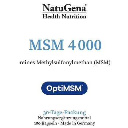 NatuGena MSM 4000, 4000 mg tīra metilsulfonilmetāna (MSM) vienā dienas devā, iegūts no izejvielas OptiMSM, 150 kapsulas (30 dienu iepakojums)
