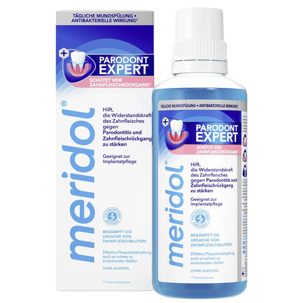 meridol mutes skalošanas līdzeklis Parodont Expert 400ml - antibakteriāla iedarbība, palīdz stiprināt smaganu izturību pret smaganu asiņošanas, periodontīta un smaganu recesijas cēloņiem