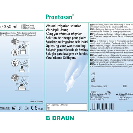 Prontosan brūču skalošanas šķīdums | Akūtu, hronisku un inficētu ādas brūču un apdegumu attīrīšana, skalošana un mitrināšana | 350 ml smidzināšanas pudele