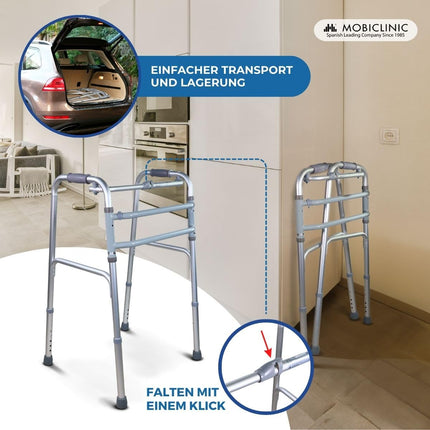 Mobiclinic®, Iešanas palīglīdzeklis, Mezquita, Eiropas zīmols, Iešanas rāmis, Salokāms, Viegls, Regulējams augstums, Senioriem, Izgatavots no alumīnija, Neslīdošs, Ergonomiski rokturi, Līdz 100 kg, Sudraba krāsā