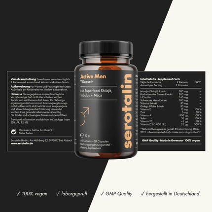 serotalin ACTIVE MEN Maca kapsulas vīriešiem | Fenugreek ar Shilajit, L-citrulīnu, Black Maca un Tribulus | Vegāns un ražots Vācijā | 60 kapsulas