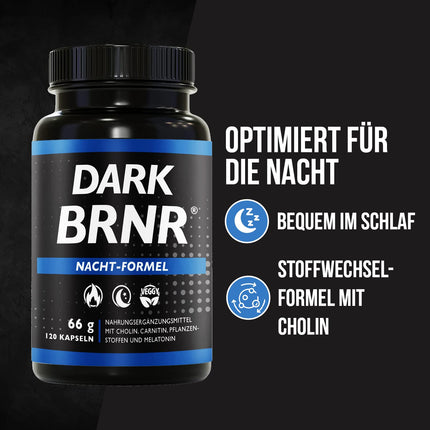 BRNR DARK BRNR nakts formula ar melatonīnu un L-karnitīnu, vielmaiņas formula ar holīnu un B6 vitamīnu, 120 kapsulas