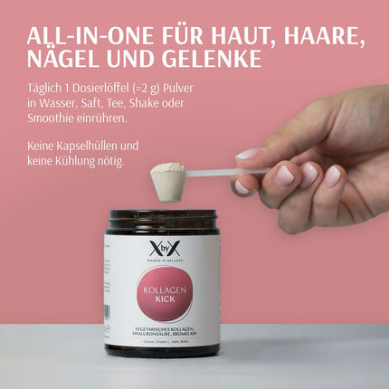XbyX kolagēna deva 90 g | 45 porcijas | Veģetārs augstākās kvalitātes kolagēna pulveris no olu čaumalas membrānas ādai, matiem, kauliem, muskuļiem, nagiem un locītavām | 1., 5. un 10. tipa kolagēns | no Vācijas