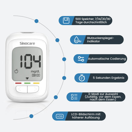 sinocare asins glikozes mērītāja komplekts, uzlabots glikozes mērītājs ar testa strēmelītēm 50, piemērots iesācējiem un vecāka gadagājuma cilvēkiem (Safe AQ pro I asins glikozes mērītāja komplekts 50)