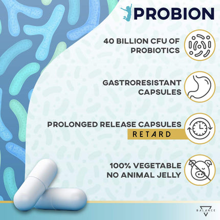 PROBION® | Probiotikas zarnu attīrīšanai | Probiotiskās kapsulas | 40 miljardi KVV | Lactobacillus, Bifidobacterium + Enzi-Mix + Vitamīni + Bambuss un Kumelītes zarnu gāzu izvadīšanai | 30 kapsulas ar aizkavētu iedarbību