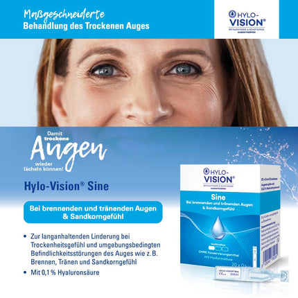 Hylo-Vision Sine acu pilieni – sausām, dedzinošām, asarojošām acīm un graušanas sajūtai, ideāli piemēroti lietošanai ceļā, nedaudz viskozi, bez konservantiem, piemēroti kontaktlēcām, 20 x 0,4 ml
