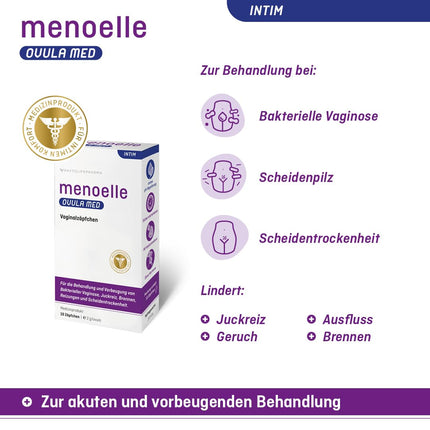 menoelle® OVULA med – vaginālās svecītes. Bakteriālas vaginozes, maksts rauga infekciju un maksts sausuma gadījumā. Ar pienskābi un hialuronskābi. Bez hormoniem un konservantiem. 10 svecītes.