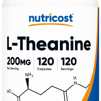 Nutricost L-teanīns 200 mg, 120 kapsulas, dubulta iedarbība - bez ĢMO, bez glutēna