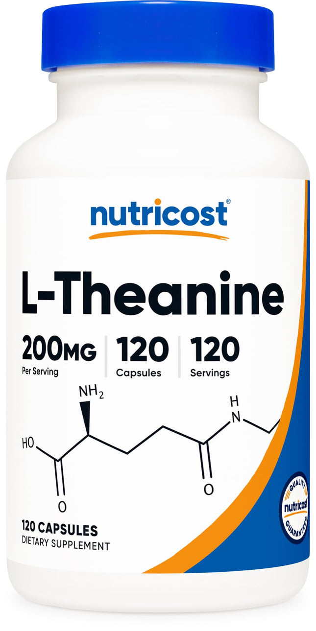 Nutricost L-teanīns 200 mg, 120 kapsulas, dubulta iedarbība - bez ĢMO, bez glutēna