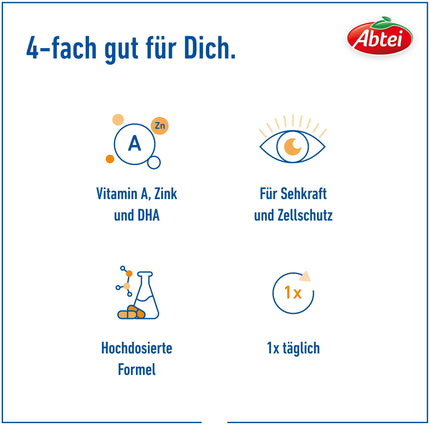 Abtei Eye Vital Day and Night - ar A vitamīnu, luteīnu, DHA un zeaksantīnu - redzes uzturēšanai - augsta deva, bez glutēna, bez laktozes - 30 kapsulas