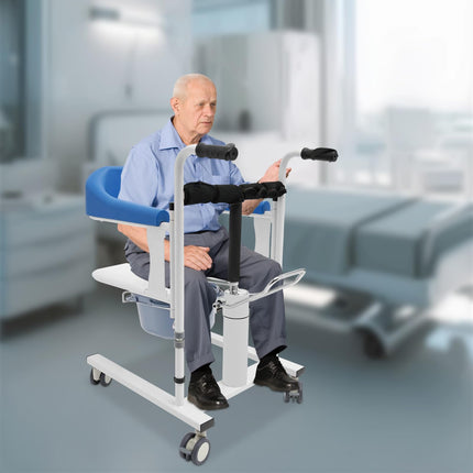MINRS hidrauliskais pacientu pacēlājs, pārvietošanas krēsls, dušas krēsls ar riteņiem līdz 90 kg, tualetes krēsls senioriem, 180° dalāms sēdeklis slimniekiem, vecāka gadagājuma sievietēm, invalīdiem, grūtniecēm, zils