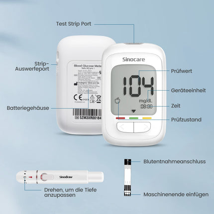 Asins glikozes mērītāja komplekts ar 100 testa strēmelēm, glikozes monitors ar 100 lancetēm, visprecīzākais sudraba elektrods, ketonvielu brīdinājums, mg/dl