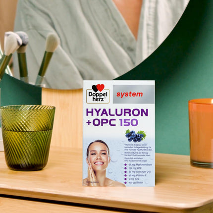 Doppelherz sistēma HYALURON + OPC 150 - Ar 50 mg hialuronskābes un 150 mg OPC no vīnogu kauliņu ekstrakta un ar C vitamīnu - 30 kapsulas