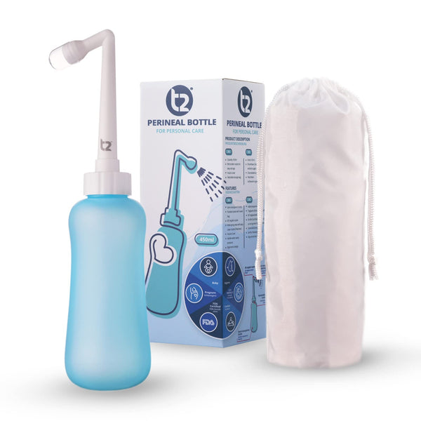 T2 Peri-Bottle - pārnēsājama bidē pēcdzemdību aprūpei, starpenes sāpju mazināšanai - 450 ml spiedpudele ar 60° leņķa uzgali, mazgājams uzglabāšanas maisiņš - slimnīcai, grūtniecēm