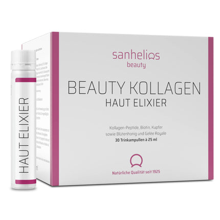 Sanhelios Beauty Collagen SKIN ELIXIR – dzerams līdzeklis pret novecošanos* – testa uzvarētājs – 30 dzeramās ampulas – 2500 mg augstākās kvalitātes kolagēna peptīdi + biotīns, varš un C vitamīns, ziedu medus un peru pieniņa