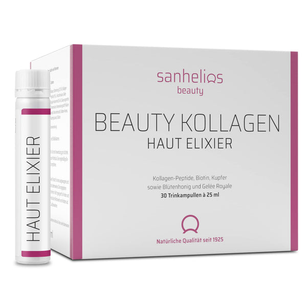 Sanhelios Beauty Collagen SKIN ELIXIR – dzerams līdzeklis pret novecošanos* – testa uzvarētājs – 30 dzeramās ampulas – 2500 mg augstākās kvalitātes kolagēna peptīdi + biotīns, varš un C vitamīns, ziedu medus un peru pieniņa